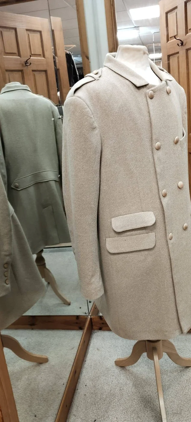 Bespoke cream military overcoat tailored at Openfit Nottingham