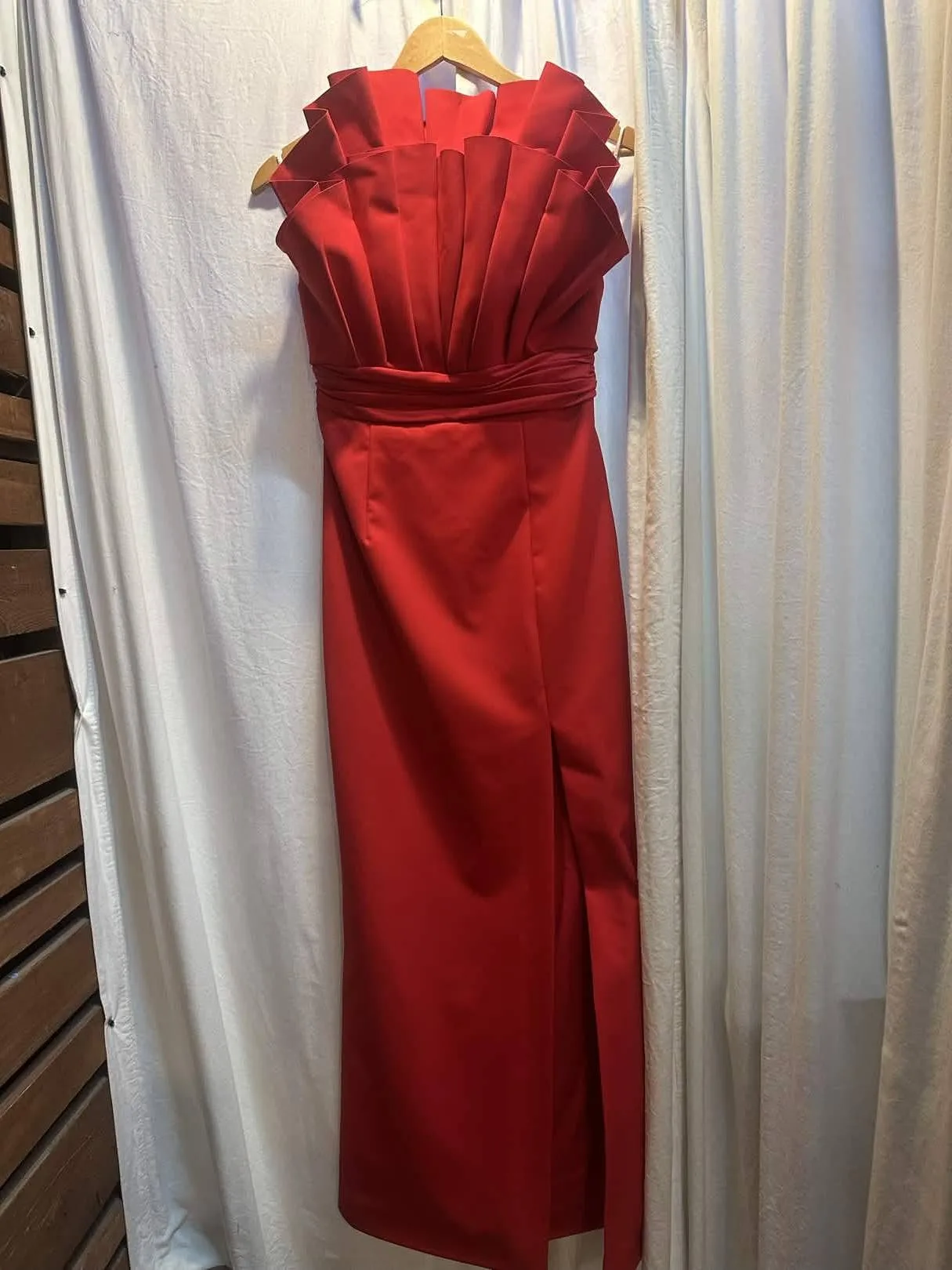 Red satin evening gown, suitable as an eveningwear example