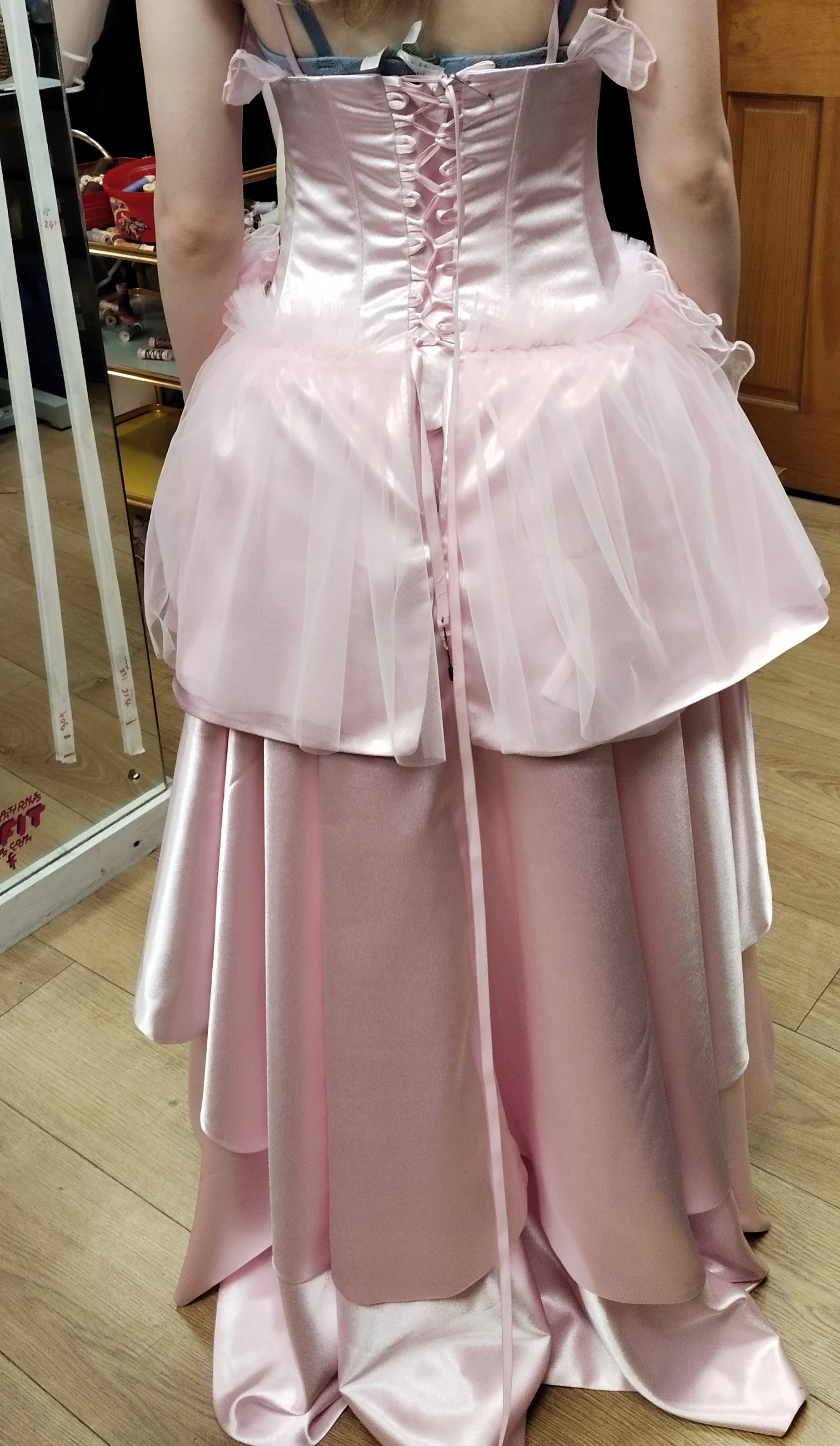 Layered pink prom dress with satin corset back and lace-up fastening, made by Openfit