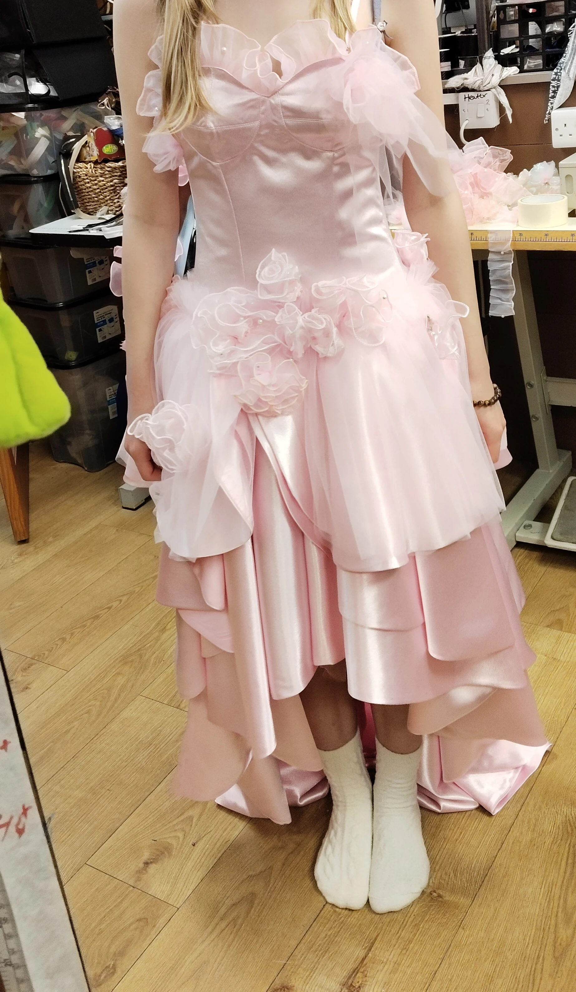 Layered pink prom dress made by Openfit from a client’s ideas, front view